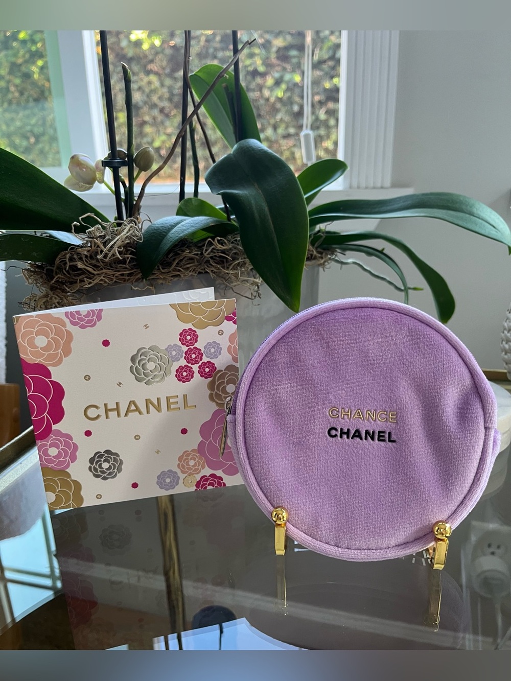 CHANEL Lavender Round 'Chance' Cosmetic Pouch & Mother’s Day Card Bundle